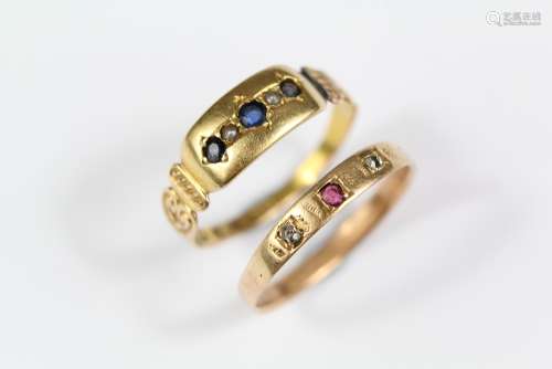 Antique Yellow Gold Ruby and Rose-Cut Diamond Ring, size R together with a Sapphire & Seed Pearl Ring size R, approx 3