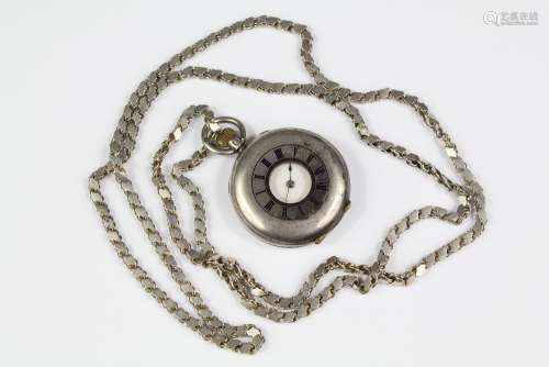 A Lady's Continental Silver Half Hunter Pocket Watch, the watch having enamel face with baton dial, on a silver chain approx 78 cms, approx 57 gms including movement