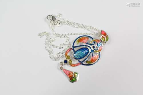 A Silver and Enamel-set Pendant Necklace; the necklace in the Art Nouveau style, approx 9