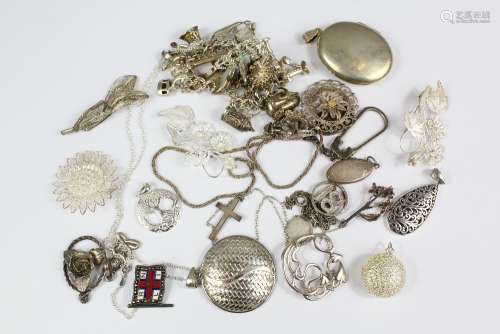 Miscellaneous Collection of Silver Jewellery including charm bracelets, lockets, brooches etc, approx 180 gms