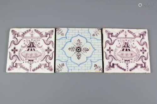A Pair of 18th Century English Delft Tiles; the manganese tiles with one other