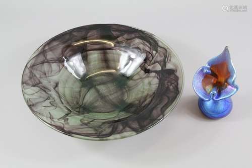 An Amethyst Studio Glass Fruit Bowl; unsigned, together with a Siddy Langley Blue and White Vase, in the form of a Pitcher plant, signed and dated