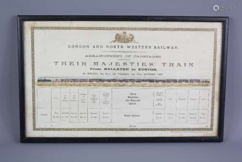 London and North Western Railway Notice of Their Majesties Arrangement of Carriages Guide - From Ballater to Euston Station on the 21st and 22nd October 1901, published by McCorquodale & Co London, approx 33 x 20 cms, framed and glazed
