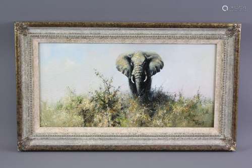 Tony Forrest Wildlife Artist - Oil on Canvas 'Elephant' signed lower right, approx 25 x 50 cms, framed