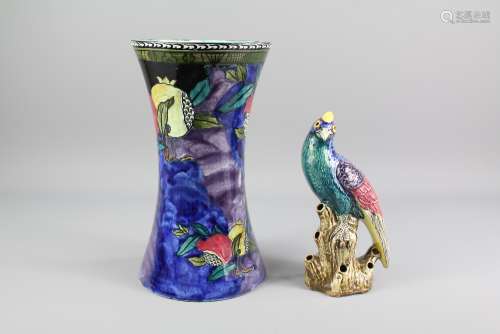 Hancock & Sons Rubens Ware Vase, hand painted with pomegranate, approx 26 cms together with a parrots, approx 20 cms h, factory marks to base