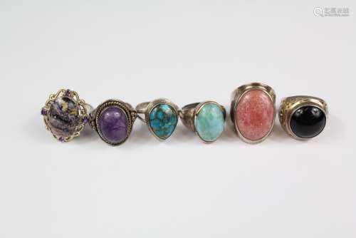 Six Hardstone and Semi-Precious Stone Rings, including Rose Quartz, Amethyst and Turquoise, various sizes