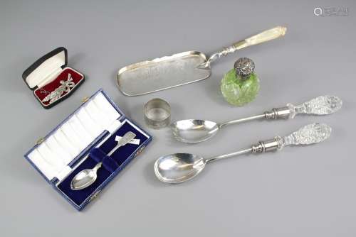 Miscellaneous Silver and Silver Plate; including a pair of salad servers, a mother of pearl handled pastry slice, silver napkin ring, silver Christening spoon dated 1875, silver topped glass scent bottle