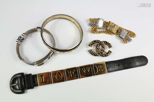Miscellaneous Costume Jewellery, including a quantity of mixed-metal costume jewellery including a leather Loewe wrist band, mixed metal KL bracelet, two further mixed metal bangles and a costume Chanel-style brooch
