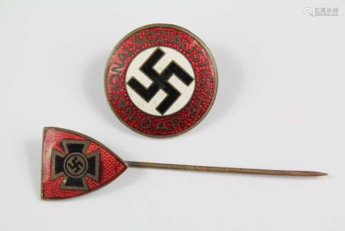 A WWII Era National Socialist Party Enamel Pin Badge, the verso stamped RZN and nr M1/128 together with a red enamel lapel brooch stamped GES GESCH 8