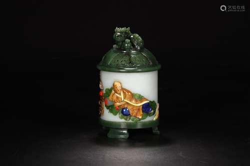 A QIANLONG MARK HETIAN JADE EMBEDE TREASURE ARHAT POETRY CENSER