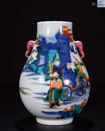 A QIANLONG MARK THREE COLOR CHARACTER STORY PATTERN VASE WITH TWO ELEPHANT NOSE SHAPED EARS