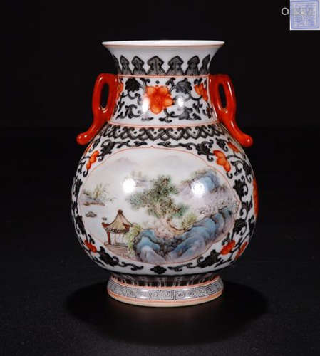 A QIANLONG MARK FAMILLE ROSE WINDING LOTUS LANDSCAPE PATTERN VASE WITH TWO EARS