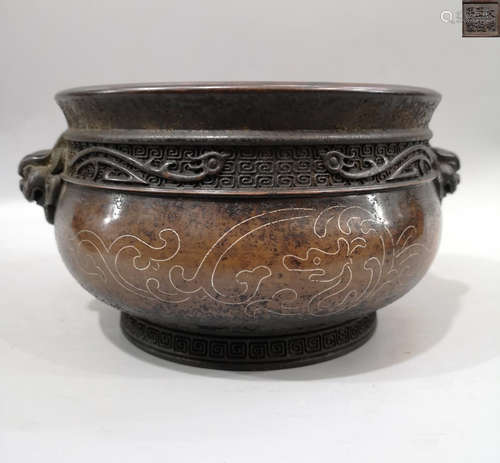 A PURPLE COPPER SILVER WIRE DRAGON PATTERN LION SHAPED EAR CENSER