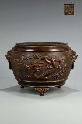 A BRONZE DRRAGON PATTERN BEAST SHAPED EAR DRUM SHAPED CENSER