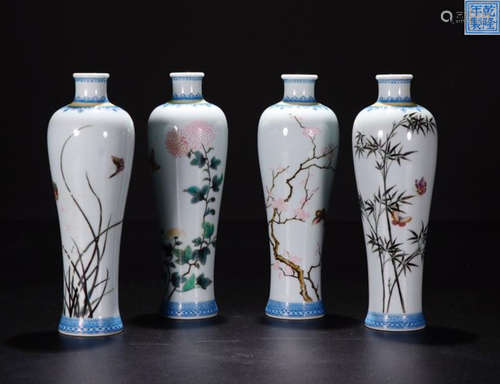 A QIANLONG MARK ENAMELED PLUM FLOWER ORCHID  BAMBOO AND CHRYSANTHEMUM PATTERN MEIPING VASE