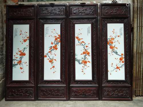 A SET OF MINGLIANG LEE MADE RED WOOD RED MAPLE PATTERN  HANGING SCREEN SET