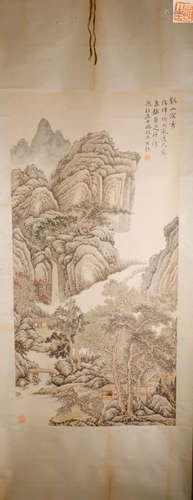 A CHAOYAN FENG PAINTED LANDSCAPE AND CHARACTER VERTICAL AXIS PAINTING