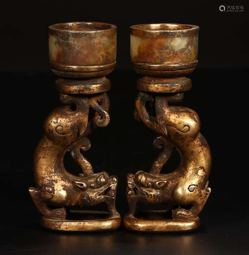 A PAIR OF GILT BRONZE JADE EMBEDED CANDLE HOLDER