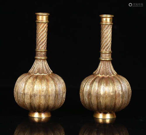 A PAIR OF GILT BRONZE MELON SHAPED VASE