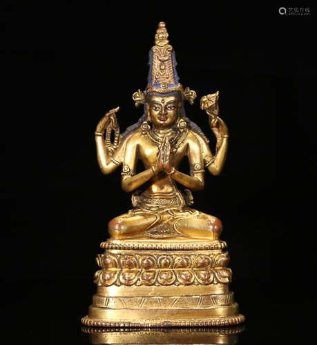 A GILT BRONZE  FIGURE OF GUANYIN ORNAMENT