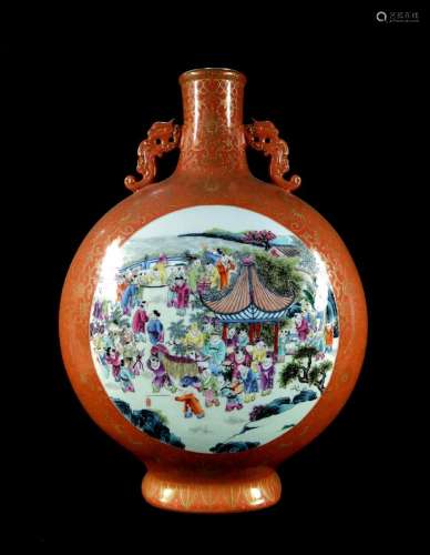 CHINESE FAMILLE ROSE CORAL GROUND MOON FLASK VASE