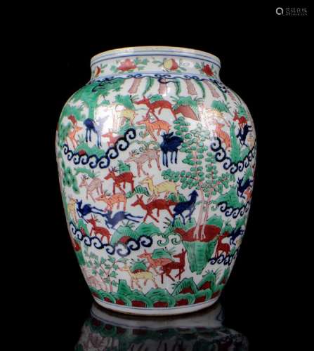 CHINESE WUCAI PORCELAIN DEER JAR W. MARK