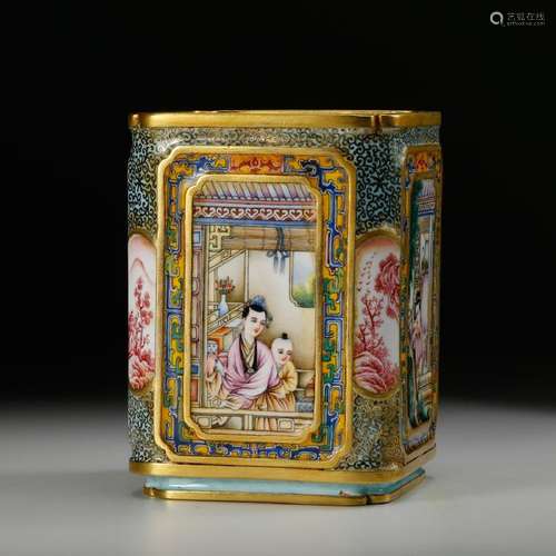 CHINESE BRONZE ENAMEL BRUSH POT, MARK