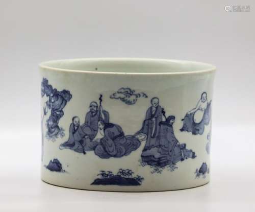 CHINESE BLUE WHITE LOHAN PORCELAIN BRUSH POT