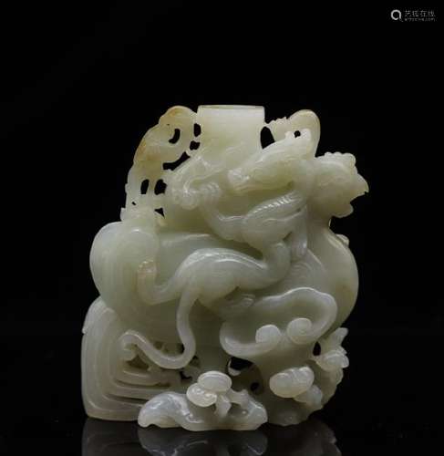 CHINESE WHITE JADE CARVED DRAGON PHOENIX VASE