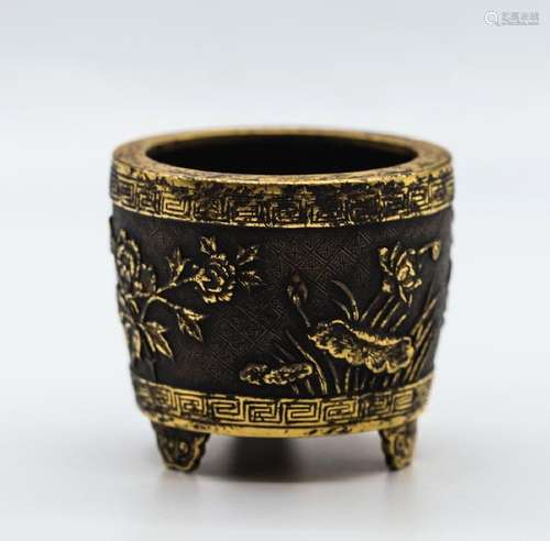 CHINESE GILT BRONZE TRIPOD CENSER