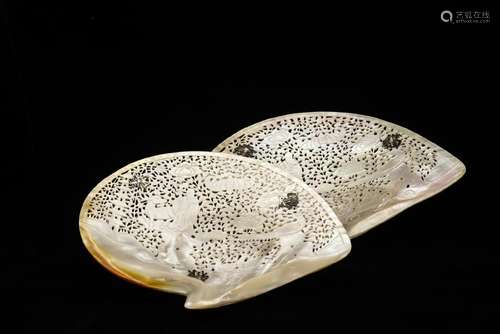 CHINESE MOTHER OF PEARL CARVED TRAYS, PAIR