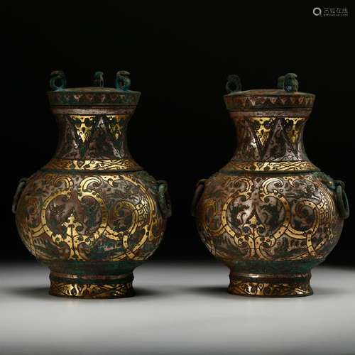 CHINESE BRONZE VESSEL INLAID GILT AND SILVER, PAIR