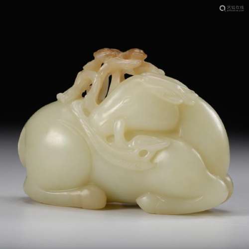 CHINESE WHITE JADE CARVED DEER AND LINGZHI