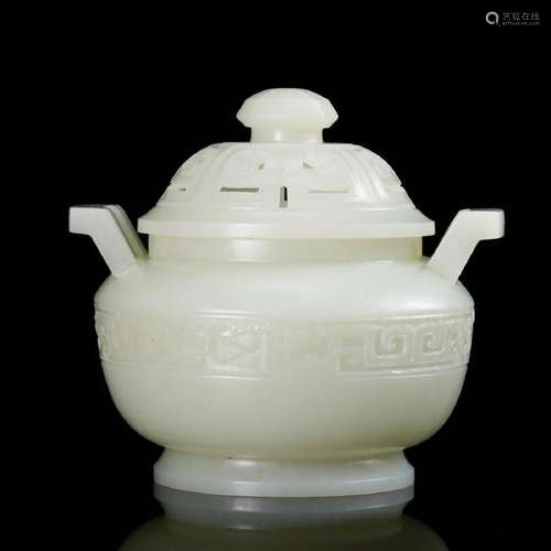 CHINESE WHITE JADE CARVED COVER CENSER