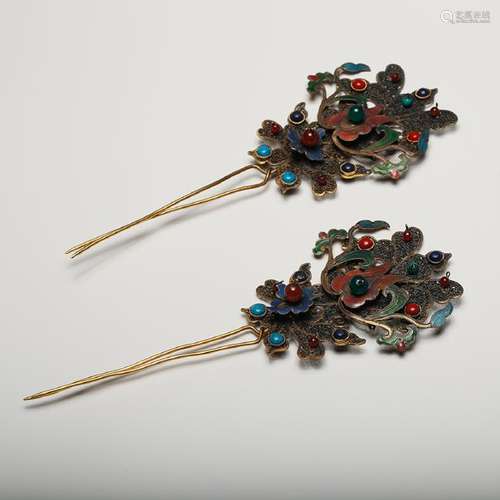 CHINESE SILVER ENAMEL HAIR PIN