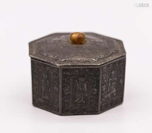 CHINESE PEWTER COVER BOX W. 8 IMMORTALS MOTIF