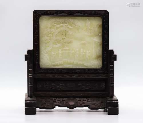 CHINESE WHITE JADE PLAQUE ON HARDWOOD TABLE SCREEN