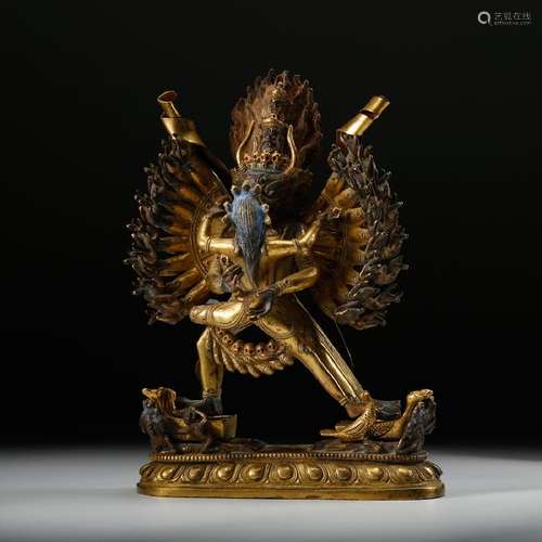 CHINESE GILT BRONZE FIGURE OF YAMANTAKA