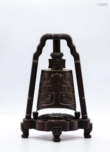 CHINESE BRONZE BIANZHONG ON ROSEWOOD STAND