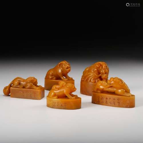 CHINESE TIANHUANG SOAPSTONE SEALS, SET OF 5