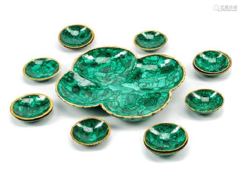 A Russian Malachite Nut Set Largest dish: height 2 x