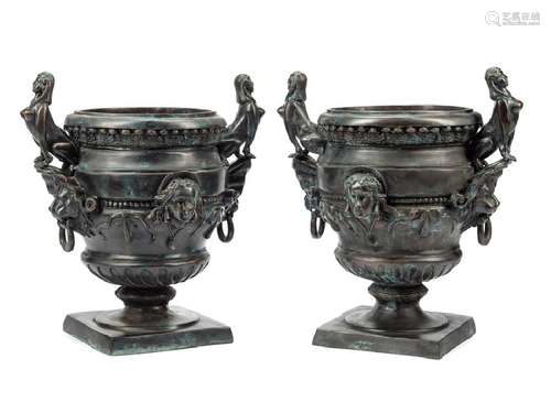 A Pair of Egyptian Revival Patinated Metal Planters