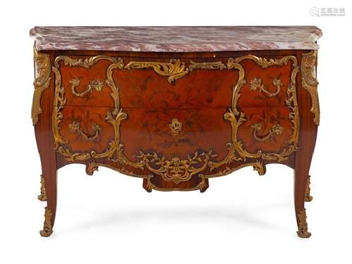 A Louis XV Style Gilt Bronze Mounted Marquetry Commode