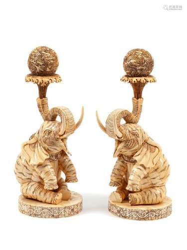 A Pair of Chinese Carved and Enameled Bone ElephantsÂ