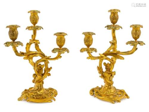 *A Pair of Louis XV Style Gilt Bronze Three-Light