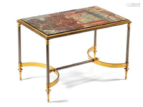 A Coromandel Lacquer-Inset Steel and Gilt Bronze Low