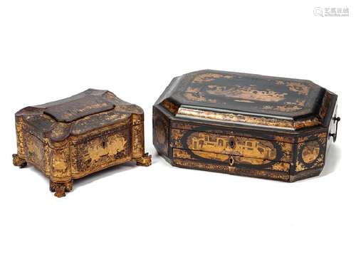 Two English Lacquered Fitted Boxes Largest: Height 5