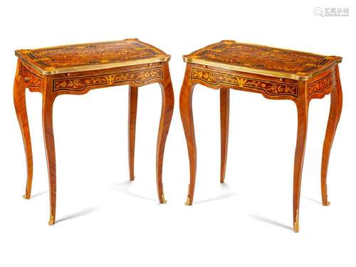 A Pair of Louis XV Style Gilt Bronze Mounted Marquetry