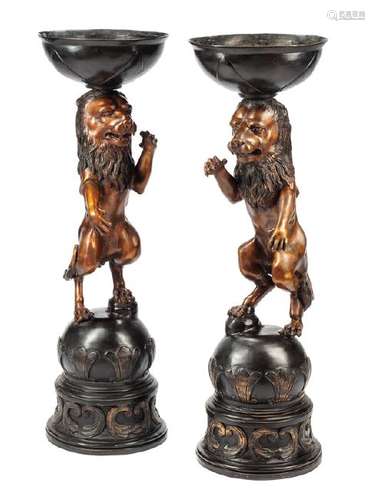 A Pair of English Patinated Metal Lion Jardinières