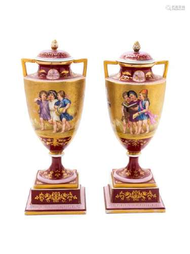 A Pair of Vienna Porcelain Urns 19th Century one